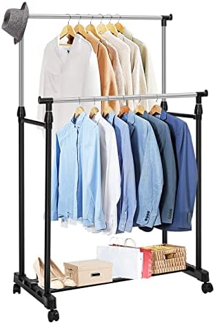 Holdfiturn Clothe Rail Clothe Stand Double Clothes Rack with Wheels (90-160) x83x42cm Adjustable Hanging Rails for Coat Garment Display Metal Clothing Rail Storage Stand with Shoe Rack Organize Shelf