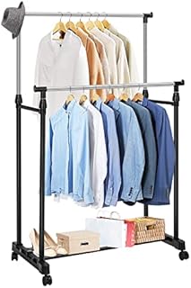 Holdfiturn Clothe Rail Clothe Stand Double Clothes Rack with Wheels (90-160) x83x42cm Adjustable Hanging Rails for Coat Garment Display Metal Clothing Rail Storage Stand with Shoe Rack Organize Shelf