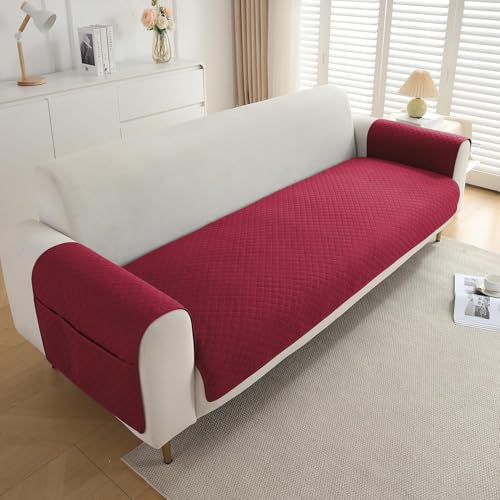 Image of HOKIPO Quilted 1 Seater Sofa Cover Set, One Seat Mat with Two Armrest Covers with Pockets, Maroon (NEW-IN-716+IN-787-MRN*2)