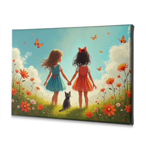 Tableau sur toile deux filles et chat 20x30 cm décor de Pâques