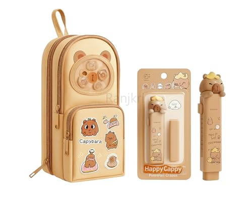 Image of Kawaii Cute Capibara Pencil Pouch for Kids with Push-Pull Eraser Set | Multi-Layer Storage, Strong Zippers, Premium Polyester | School Stationery Combo Gift for Boys & Girls