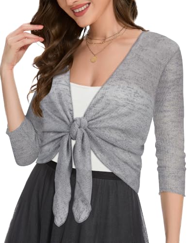 Image of Women Crop Cardigan Sheer Mesh Bolero Shrug for Dress Tie Front 3 /4 Sleeve Tops