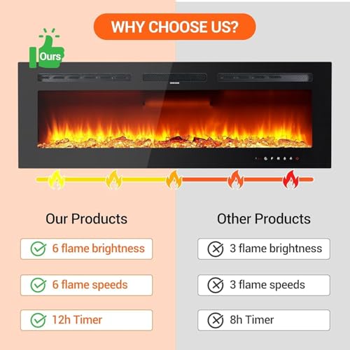 50" Electric Fireplace, Recessed and Wall Mounted Fire Place with Ultra-Thin Linear Fireplace Heater 750/1500w with Realistic Flame,Smart WiFi Infrared Linear &12 LED Flame Colors - Image 6