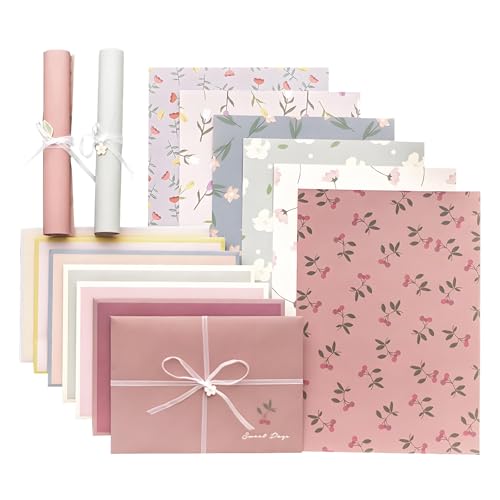 CSLEIAN 72 Pcs Stationery Paper Envelopes Set Includes 24 Lined Writing Paper & 12 Envelopes, Lovely Floral Cute Letter Writing Stationary Paper Envelopes Kit for Girls Office School Supplies(6Style)