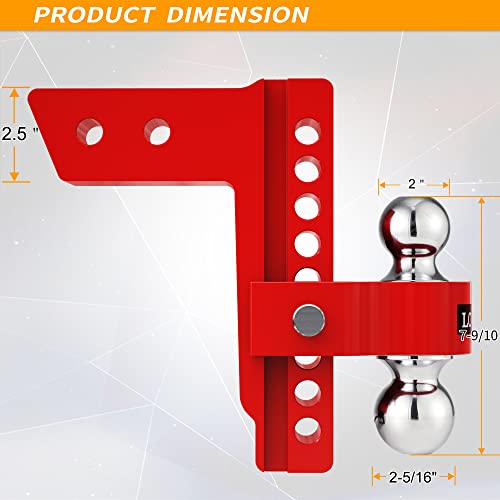 Locame Adjustable Trailer Hitch, Fits 2.5-Inch Receiver Only, 8-Inch Drop/Rise Aluminum Drop Hitch,18,500 Lbs Gtw-Tow Hitch For Heavy Duty Truck With Double Stainless Steel Locks, Red, Lc0015 #TOP2