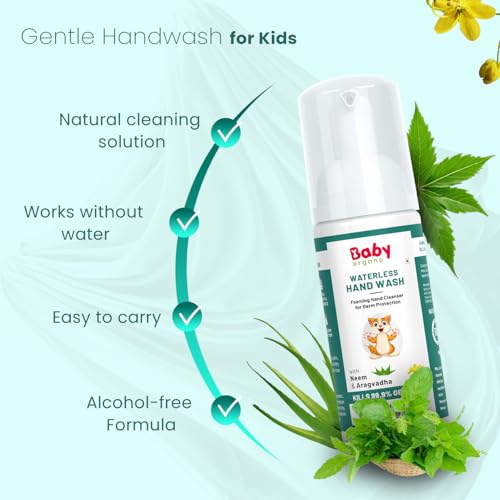 Image of BabyOrgano Waterless Foaming Hand Wash for Kids 0+ Years | Kills 99.9% Germs | No Rinse Needed | Neem, Tulsi & Aloe Vera | Alcohol Free | Paraben Free | FDCA Approved | 50ml (Pack of 2)