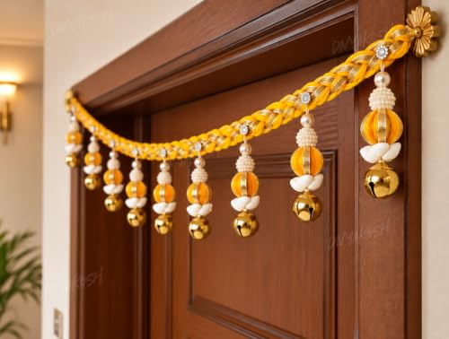 Image of Divyakosh 37 Inch Woolen Toran with Ghungroo & Kaudi (Shells) for Temple & Main Door Entrance, Pink Sacred Thread Handmade Hanging, Entrance for Main Door, Pooja Room Decoration Items