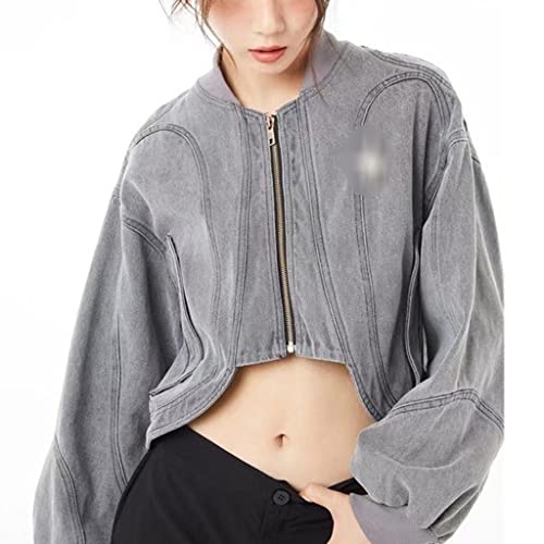 TJLSS Chaqueta Vaquera de Corte asimétrico con Cremallera Harajuku for Mujer de otoño, Top Corto Vintage (Color : Gray, Size : M)