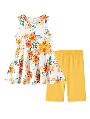 Image of PATPAT Girls Summer 2 Piece Outfits 4-12Y Butterfly Bow Sleeveless Tunic Tops and Floral Print Shorts Cute Clothes