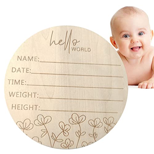 CAVLA Wooden Baby Announcement Sign, 5.9 Inch Round Hello World Newborn Welcome Sign for Baby Shower, Photo Prop, Hospital, Nursery, New Parents