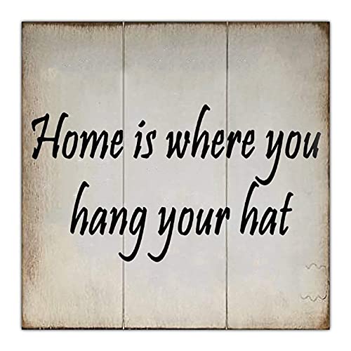 Aihesui Paleta de madera retro personalizable con texto en inglés 'Home is Where You Hang Your Hat' con cita artística rústica para pared, sala de estar, baño, cocina, decoración, carteles, regalo, 12