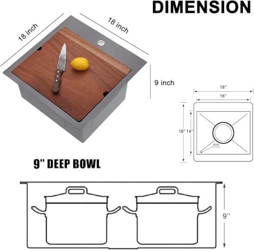 Image of 18 Inch Drop In Gunmetal Black Bar Sink, 18 inchx18 inch Small Kitchen Sink