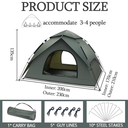Camping Zelt 3 Personen Pop Up Zelt Doppelschicht Wasserdicht & Winddicht Ultraleichte Kuppelzelt Automatisches Sofortzelt, mit Abnehmbarer äußerer Zeltplane für Trekking, Familien, Rucksackreisen – Bild 3