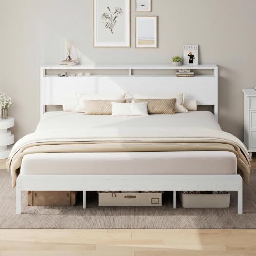 Image of LIKIMIO King Bed Frame with Headboard, Wood Camas King with Strong Supports, Sturdy, Noise-Free, No Box Spring Needed, White