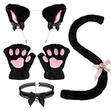 [Yolrky] 猫 コスプレ 可愛い ハロウィン 仮装 猫耳 カチューシャ チョーカー 首輪 手袋 グローブ しっぽ 尻尾 ブラック ホワイト コスチューム 小物 (ブラック)