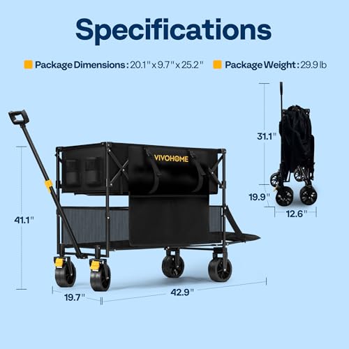 Image of VIVOHOME 400L Large Capacity Double Decker Collapsible Wagon 500lbs Heavy Duty Utility Folding Cart with Big Wheels 53 inch Extended for Camping, Sports