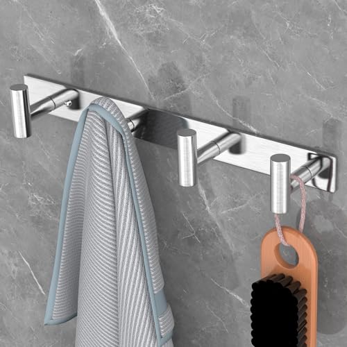 Image of VAEHOLD 1PACK Hat and Coat Wall Mount Rack - 4 Hooks for Robes, Bags, Keys, and Towels - Bathroom Towel Hanger Organizer -Silvery