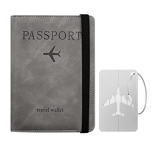 Toctax Reisepasshülle, Passhülle mit RFID-Blocker, Schutzhülle Tasche für Kreditkarten, Reisepass Geschenk Passinhaberdeckel Karteninhaber, Ausweis und Reisedokumente mit Kofferanhänger（Grau）