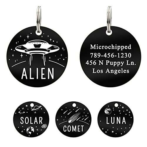 UltraJoys Stainless Steel Pet ID Tags - Personalized Front and Back Engraving, Cat and Dog Tags with Alien Design, Optional Engraved on Both Sides, Round