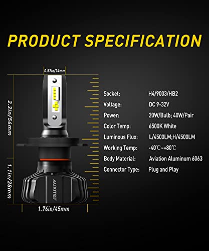 Image of AUXITO H4 9003 HB2 LED Bulbs Fanless, Adjustable Beam 6500K Xenon White, 400% Visibility H4 Lights Replacement, Pack of 2