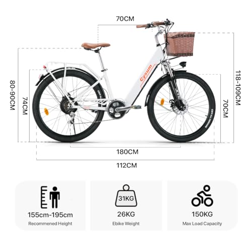 cysum Cityrun E-Bike für Damen, 26 Zoll Elektrofahrrad, City E-Bike für Erwachsene, Motor 250 W, 25 km/h, Lithium-Akku 36 V, 360 WH, Reichweite 80 km