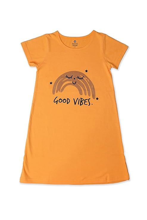 Image of Clotth Theory Girls Cotton Nightdress | Knee Length Nighty | Round Neck Short Sleeve Soft Sleepwear