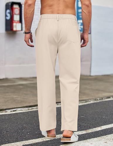COOFANDY Men's Casual Cotton Linen Pants Lightweight Relaxed Fit Yoga Trousers Summer Vacation Beach Pants Beige2
