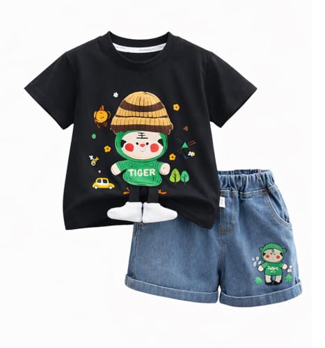 Image of Bold N Elegant Kids Half Sleeve 3D Cartoon Tiger Cotton T-Shirt with Denim Shorts Summer CLothing Set for Infant Toddler Preschool Boys n Girls | Cook Outfit For Kids