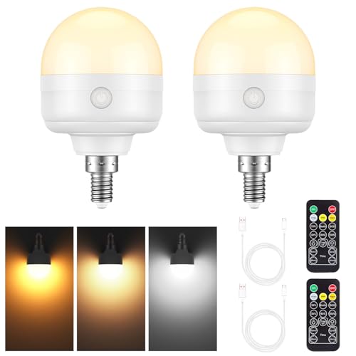 SCOPOW 2 Pack Rechargeable Light Bulbs with Remote Control Timer and 3 Color Temperature Options,Rechargeable Puck Lights with Remote for Table Lamp,Wall Sconce,Pendant Light (2)