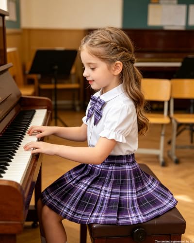 Image of Betusline Girls Skirt Set JK School Uniform 2-Piece Outfit - Short Sleeve Shirt with Bow & Pleated Skirt 4T-14Y