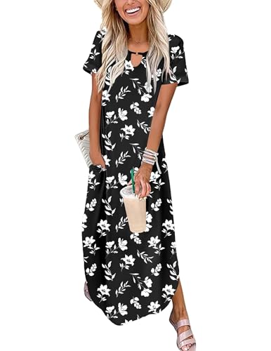 Image of Zeagoo Womens Maxi Summer Dress with Pockets Casual Short Sleeve Sundress Trendy 2026 Curve Hem Long Dress