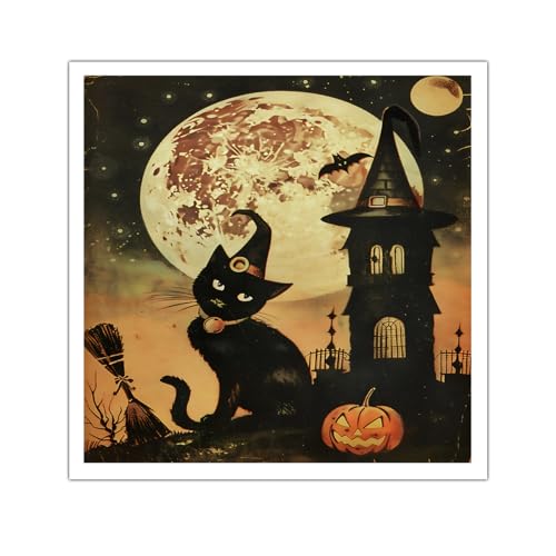 Toile art mural Halloween chat et sorcière 95x95cm pour décoration maison