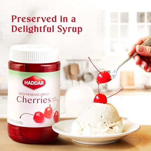 Haddar Red Maraschino Cherries with Stems, 12.6 oz | Old Fashioned Cocktail Cherries | Sweet & Vibrant Cherries for Dessert Garnish, Baking, Drinks - Thumbnail 5