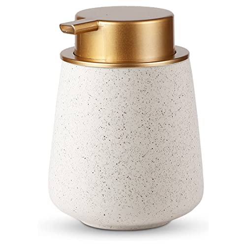 KAWEINA ハンドソープボトル ソープディスペンサー 泡 手動 押しタイプ ポンプ式 手洗い セラミック 磁器 陶器 広口 詰め替え ハンドソープ用 食器用洗剤 北欧スタイル 台所 キッチン 洗面所 トイレ バスルーム お風呂場 ドロップ型 金色+ベージュ色 AN01-golden3