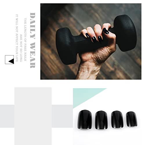 Gangel Black False Nails Square Fake Nails Medium Glossy Acrylic Full Cover Simple Press On Nails(24 Pcs) #TOP3