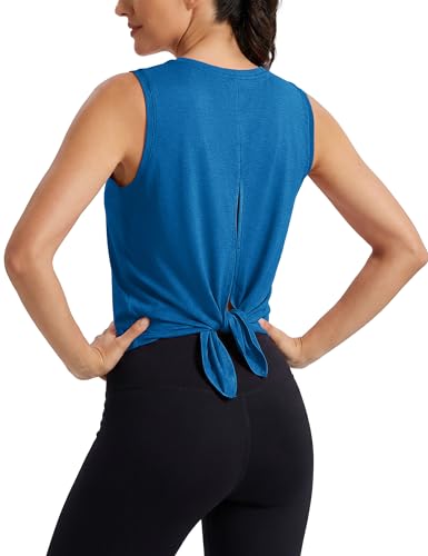 Image of MAGCOMSEN Workout Tank Tops Woman Summer Open Back Yoga Athletic Shirts Sleeveless Tie Back Loose Fit Gym Muscle Tank