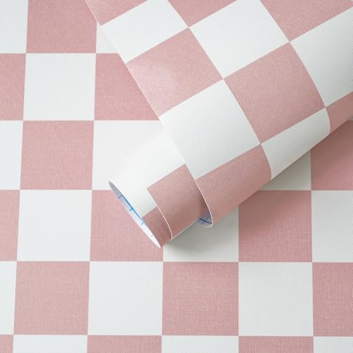 Image of Yomshi Peel and Stick Wallpaper Pink Plaid Contact Paper 44 x 300 cm Boho Wall Paper Roll for Cabinets Bathroom Nursery Self Adhesive Removable Waterproof