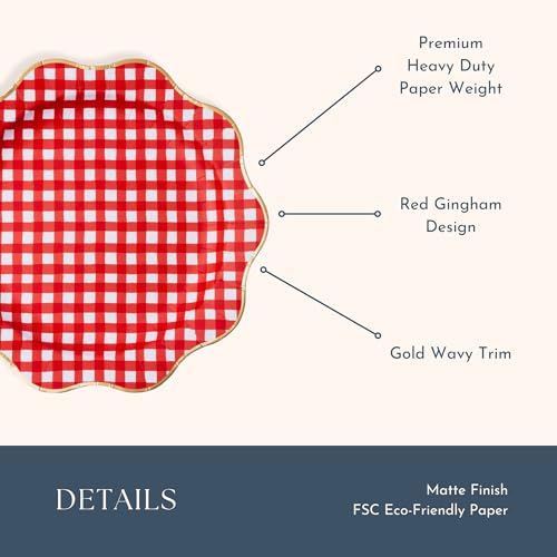Image of Bonjour Fete Elegant Cherry Red Gingham Dinner Plates, Pack of 8, 11 inchD