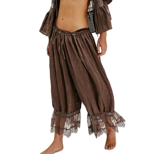 Image of KOSUSANILL Women Long Bloomer Pants Lace Trim Ruffle Pantaloons Cropped Lounge Pajama Bottoms Y2K Capri Pettipants