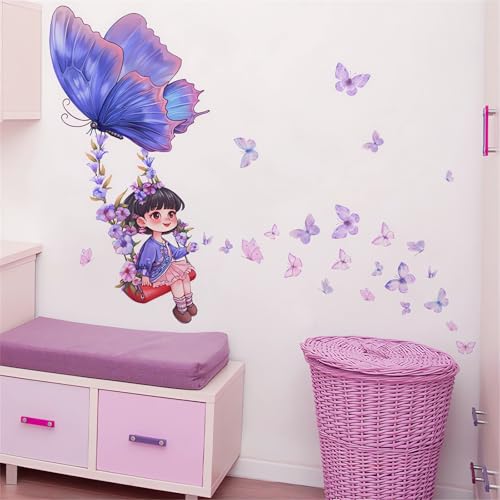 Vinilo decorativo mariposa niña morada, adhesivo para pared