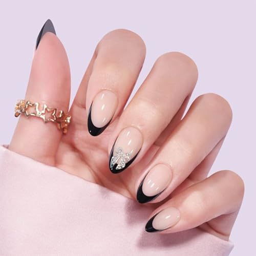 YOSOMMK Almond Press on Nails Medium French Tip Fake Nails with Bow Designs Glossy Black Stick on Nails Cute Pearl Glue on Acrylic Nails for Women and Girls - Image 3