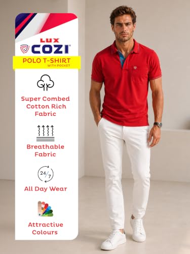 Image of Lux Cozi Men's T-Shirt with Chest Pocket | Polo T-Shirt for Man | Plain Casual Stylish | Half Sleeve| Cotton Blend Collar Polo T-Shirts for Men