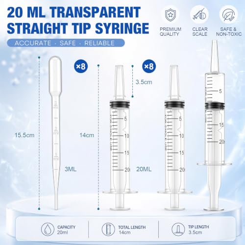 Image of TrelaCo 8 Pack 20ml Syringes Without Needle with Caps, Plus 8 Pack 3ml Plastic Transfer Droppers Pipettes, Liquid Measuring Dispenser for Pet Feeding Oral Colostrum Student Lab Medicine DIY