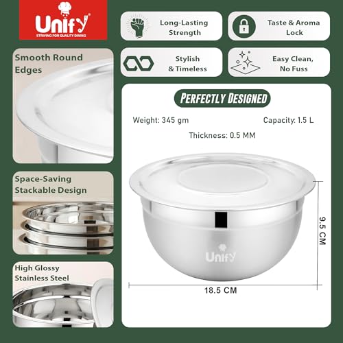 Image of Unify 3 Pieces Stainless Steel Serving Bowl Set with Lid | Mixing Big Bowls | Matt Finish, Kitchen Prep, Salad, Fruit, Desert & Storage Containers | Bowl Set for Kitchen & Dining Use (Solara Design)