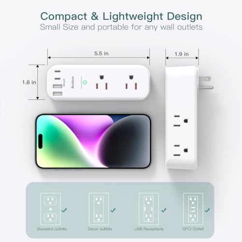 Image of Addtam 30W USB C Outlet Extender Surge Protector, Rotating Plug | 6 AC Outlets Splitter, 4 USB Ports (2 USB-C), 1800J Wall Mount Power Strip, 3-Side Multi Plug for Dorm, Travel Essentials