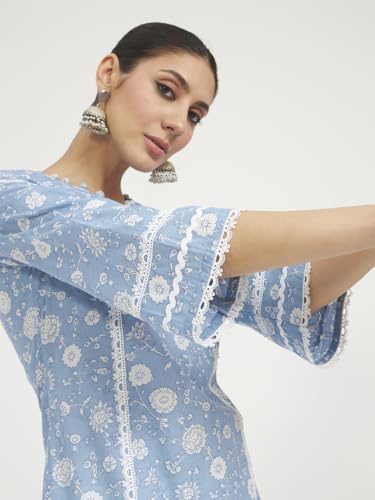 Image of FIORRA Women Sky Blue Floral Printed Lace Work Pure Cotton Straight Kurta with Farshi Salwar