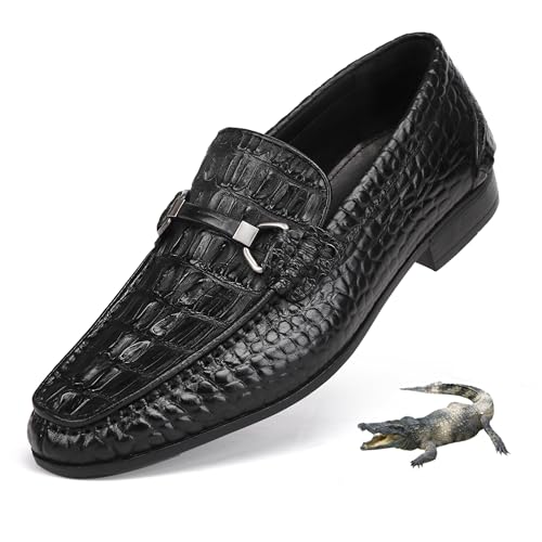 Golden COXES Formal Mens Leather Dress Shoes, Classic Alligator Ostrich Pattern Slip On Buckle Loafers Business Shoes Party Wedding Leather Loafers for Mens, Black