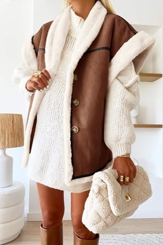Cicy Bell Womens Suede Sherpa Vest Faux Fur Shearling Jacket Oversized Cap Sleeve Button Down Winter Coats2