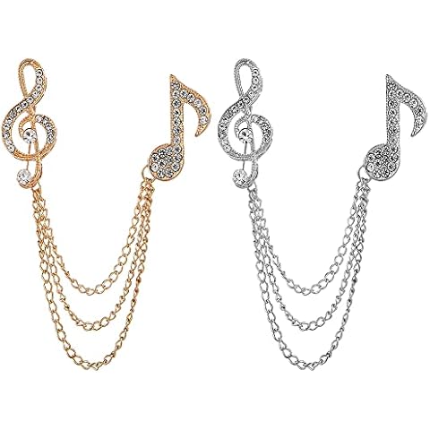 Yijunmca 2pcs Brooch Pins for Men Crystal Pin Rhinestone Lapel Pin Sweater Pin Collar Clip Vintage Shirts Suit Tie Pin Music Note Tassel Chain Pin Wedding Party Costume Pin Jewelry Gift, Gold Silver Cover