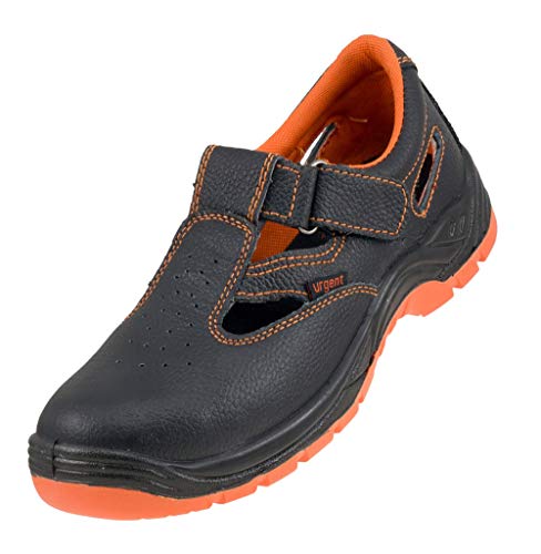 Urgent 301 SB Arbeitsschuhe Professionelle Sandalen Sicherheitsschuhe Herren Damen Metallkappe Leder Stahlkappe Klettverschluss perforiert Anti-Rutsch SRA Farbe Schwarz mit Orange (Numeric_46)